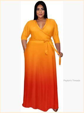 Plus Size Wrap Maxi Dress with Belt and Pockets 3/4 Sleeve